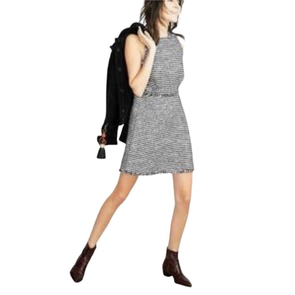 Zara Tweed Striped Navy Blue & White Halter Sleeveless Dress Sz XS